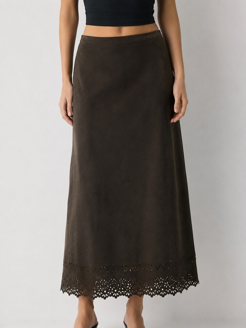 Vintage Women's Suede Brown A-Line Maxo Skirt Eyelet Lace Sz 18 Slit